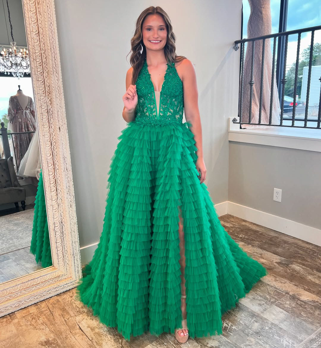 Green V Neck A Line Long Prom Dresses Tulle Lace Ruffles Evening Gowns