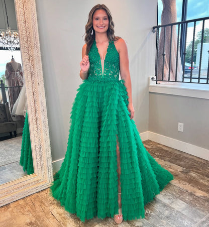 Green V Neck A Line Long Prom Dresses Tulle Lace Ruffles Evening Gowns