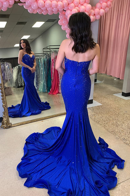 Mermaid Strapless Royal Blue Satin Long Prom Dresses with Beads
