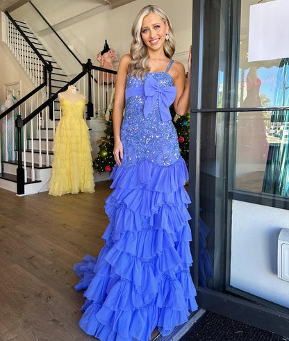 Mermaid Lace Beaded Prom Dresses for Women Evening Gowns with Chiffon Ruffles