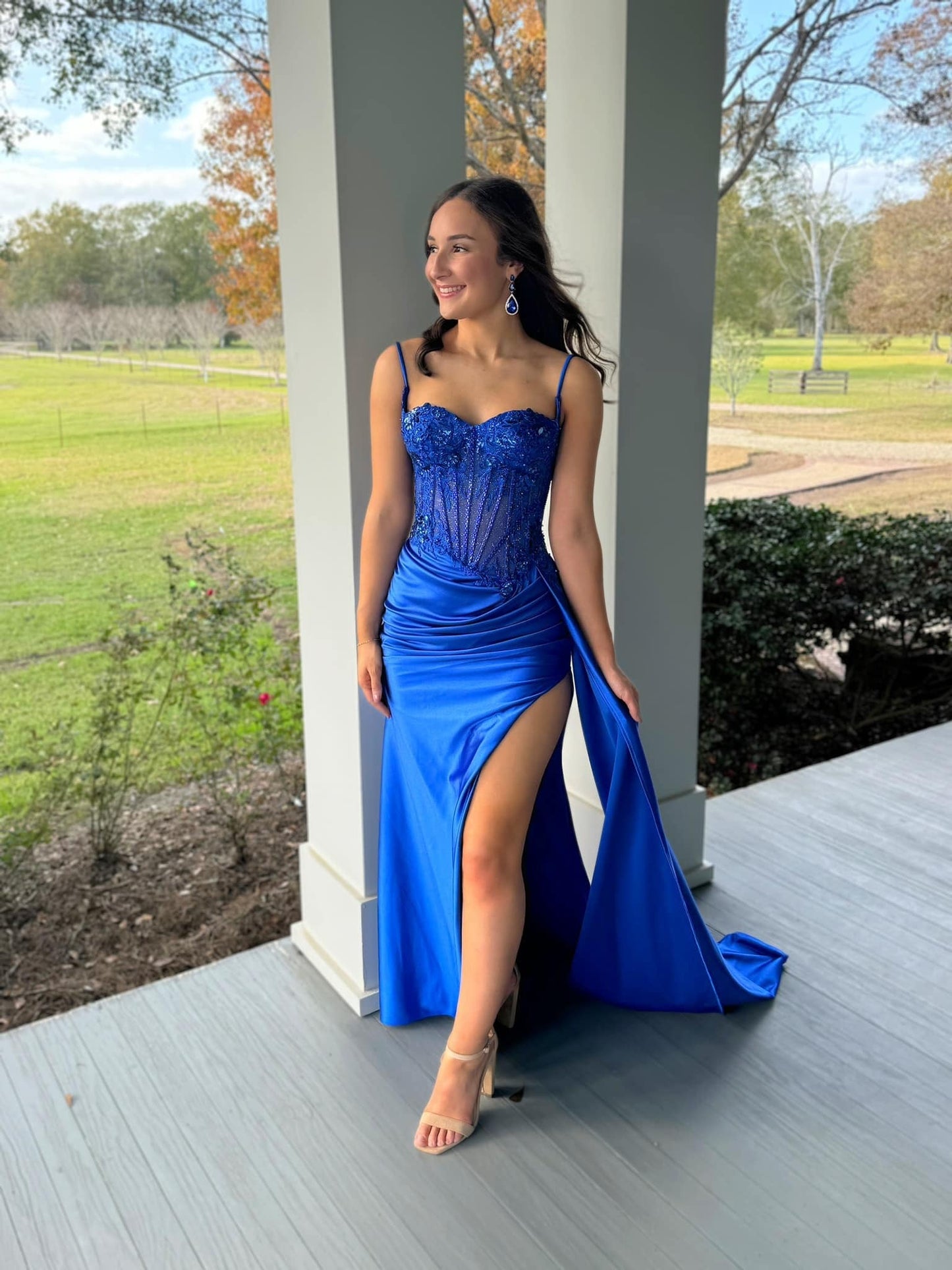 Satin Lace Beaded Prom Dresses Long Sweetheart Evening Dresses with Slit