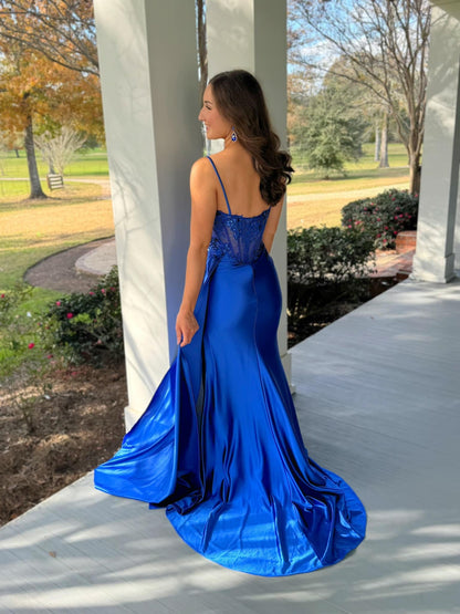 Satin Lace Beaded Prom Dresses Long Sweetheart Evening Dresses with Slit