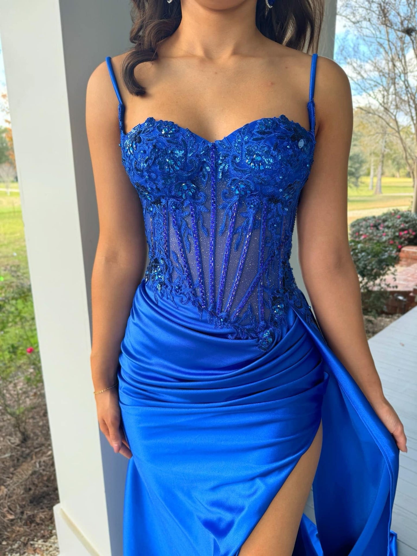 Satin Lace Beaded Prom Dresses Long Sweetheart Evening Dresses with Slit