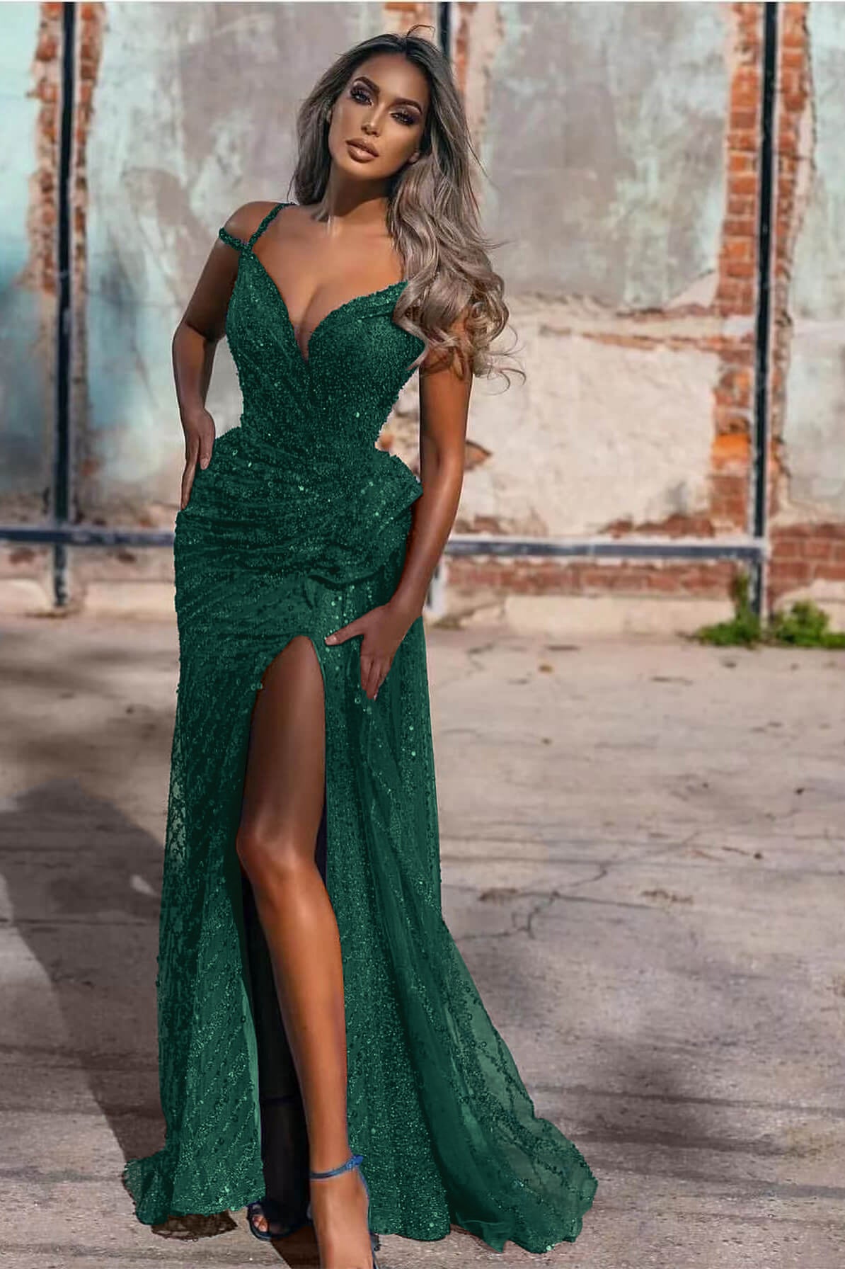 Royal Blue Off the Shoulder Sleeveless Evening Dress Mermaid Sequins With Split