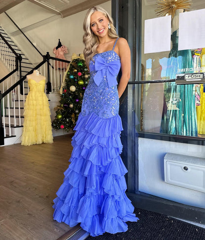 Mermaid Lace Beaded Prom Dresses for Women Evening Gowns with Chiffon Ruffles