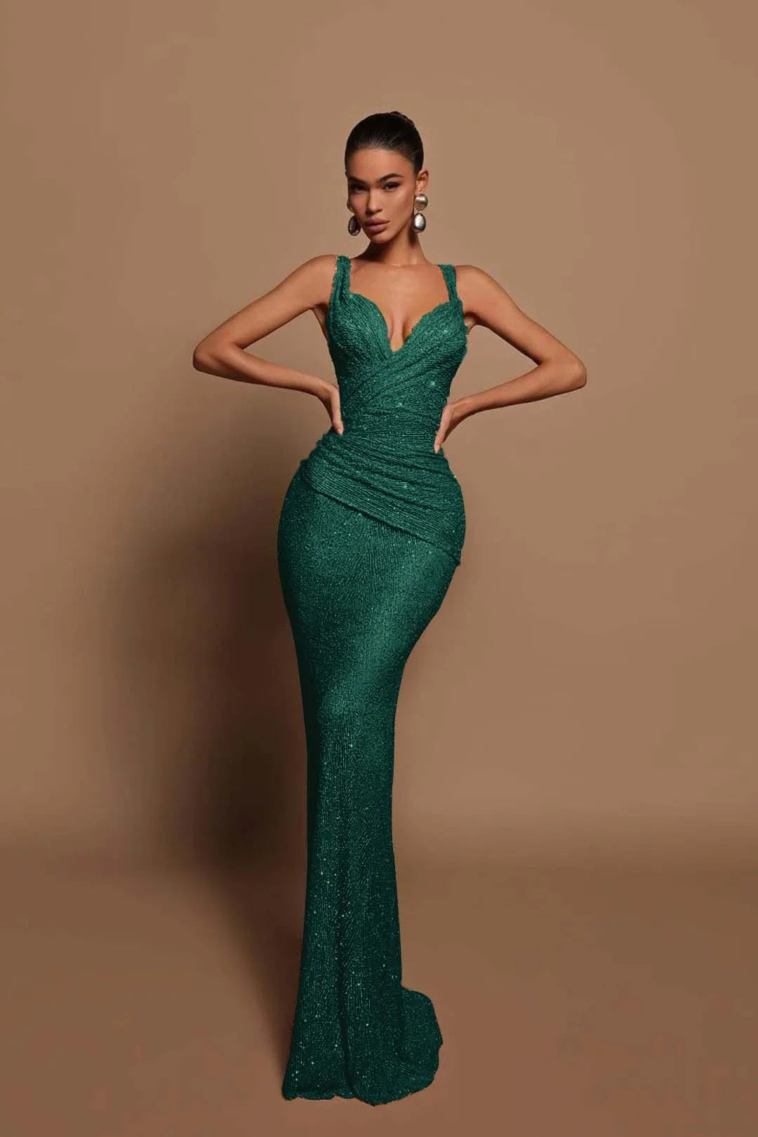 Sexy Pink Long Sequins Prom Dress V Neck Mermaid Sleeveless