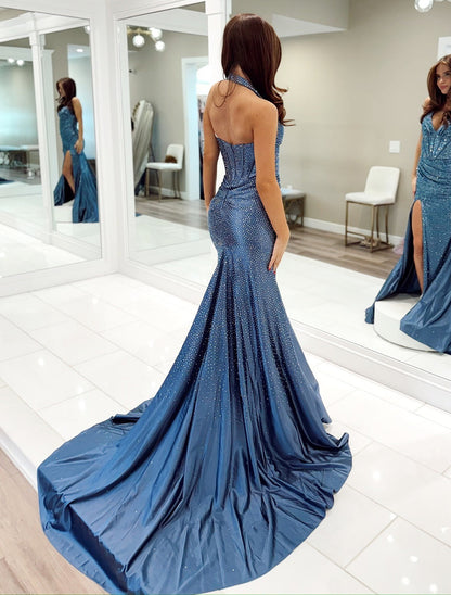 Sexy V Neck Prom Dresses Long with Slit Sequin Beaded Evening Gowns