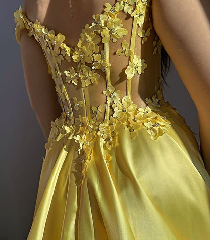 Yellow Satin 3d Flowers Prom Dresses Long with Slit A Line Corset  Evening Gowns