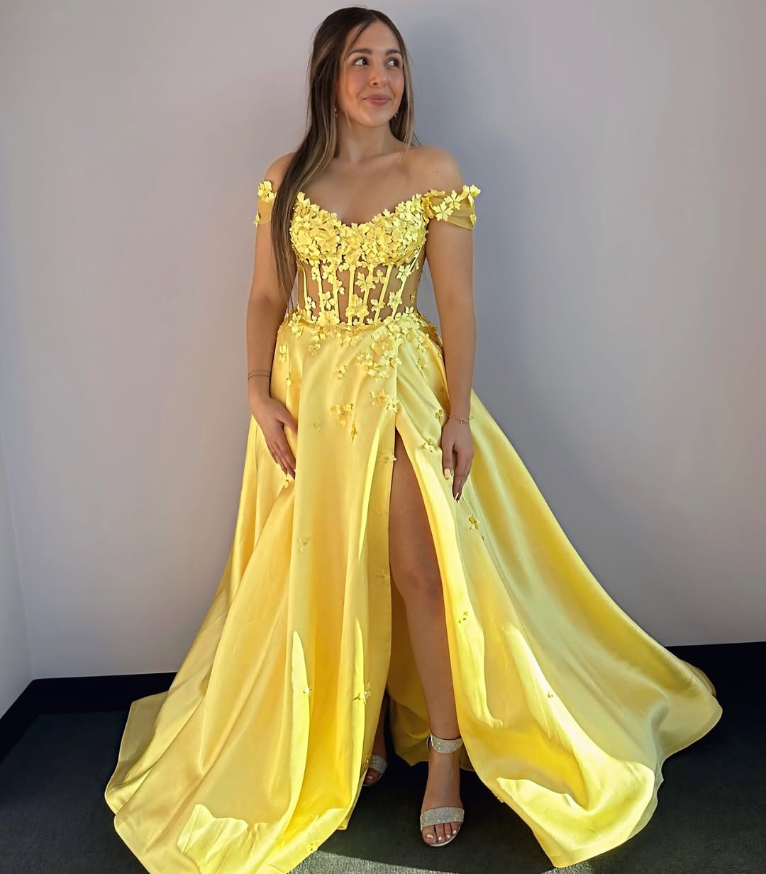 Yellow Satin 3d Flowers Prom Dresses Long with Slit A Line Corset  Evening Gowns