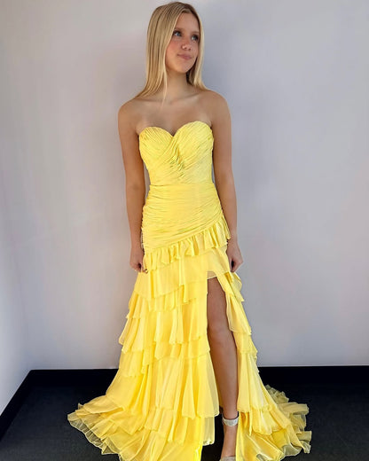 Yellow Sweetheart Prom Dresses Long Chiffon Ruffles Evening Gowns