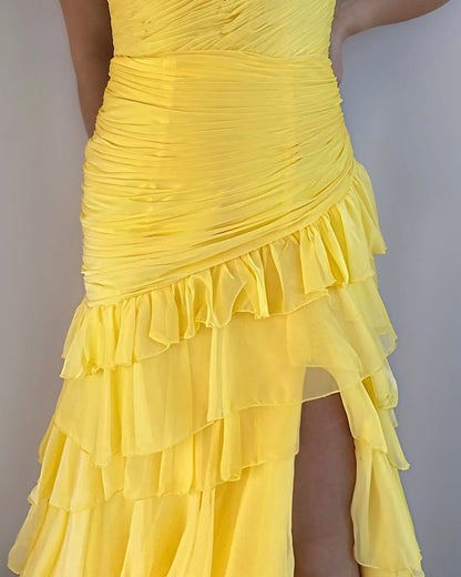 Yellow Sweetheart Prom Dresses Long Chiffon Ruffles Evening Gowns