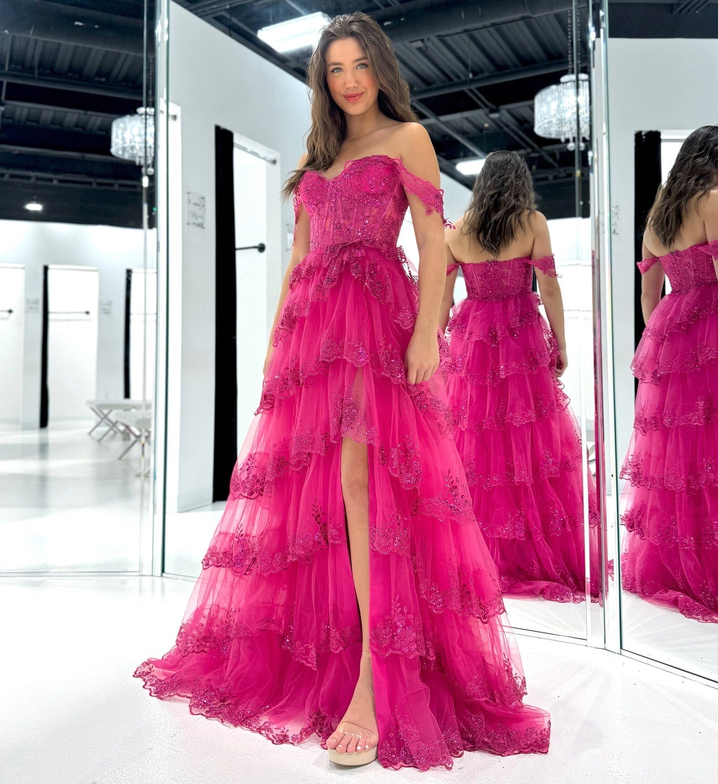 Fuchsia Tulle Lace Appliques Prom Dresses Long A Line Evening Gowns with Ruffles