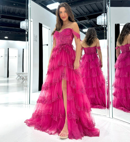 Fuchsia Tulle Lace Appliques Prom Dresses Long A Line Evening Gowns with Ruffles