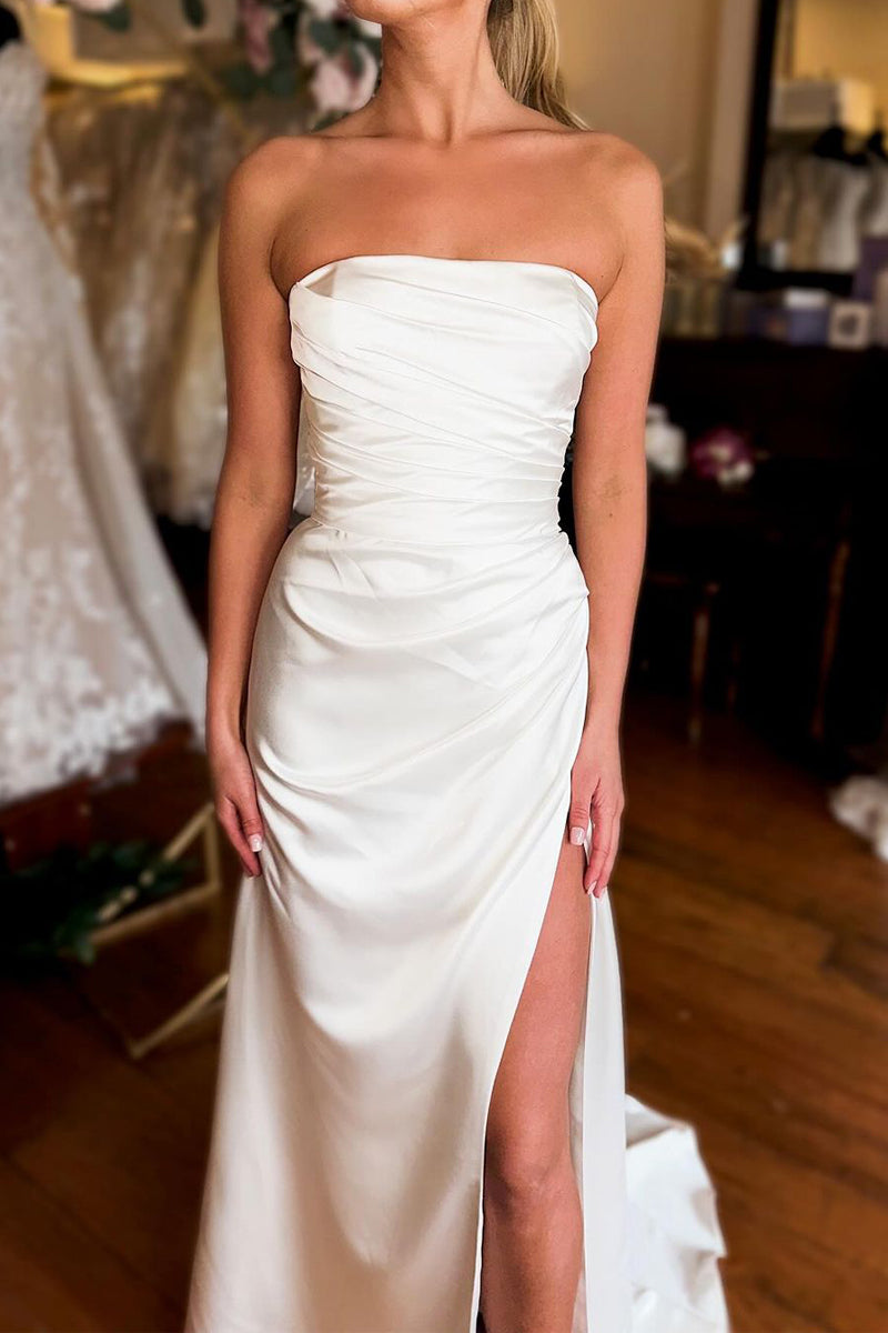 Mermaid Strapless White Satin Wedding Dresses with Slit