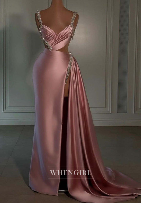 Dusty Pink Beaded Straps Sleeveless Evening Gown Pleated V Neck Sheath Side Slit Formal Dress