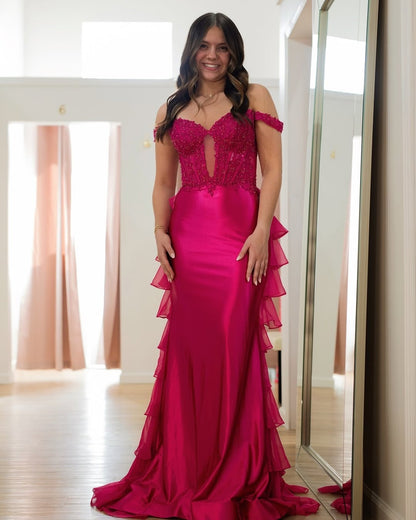 Fuchsia Satin Prom Dresses Long Mermaid Ruffles Lace Appliques Evening Gowns