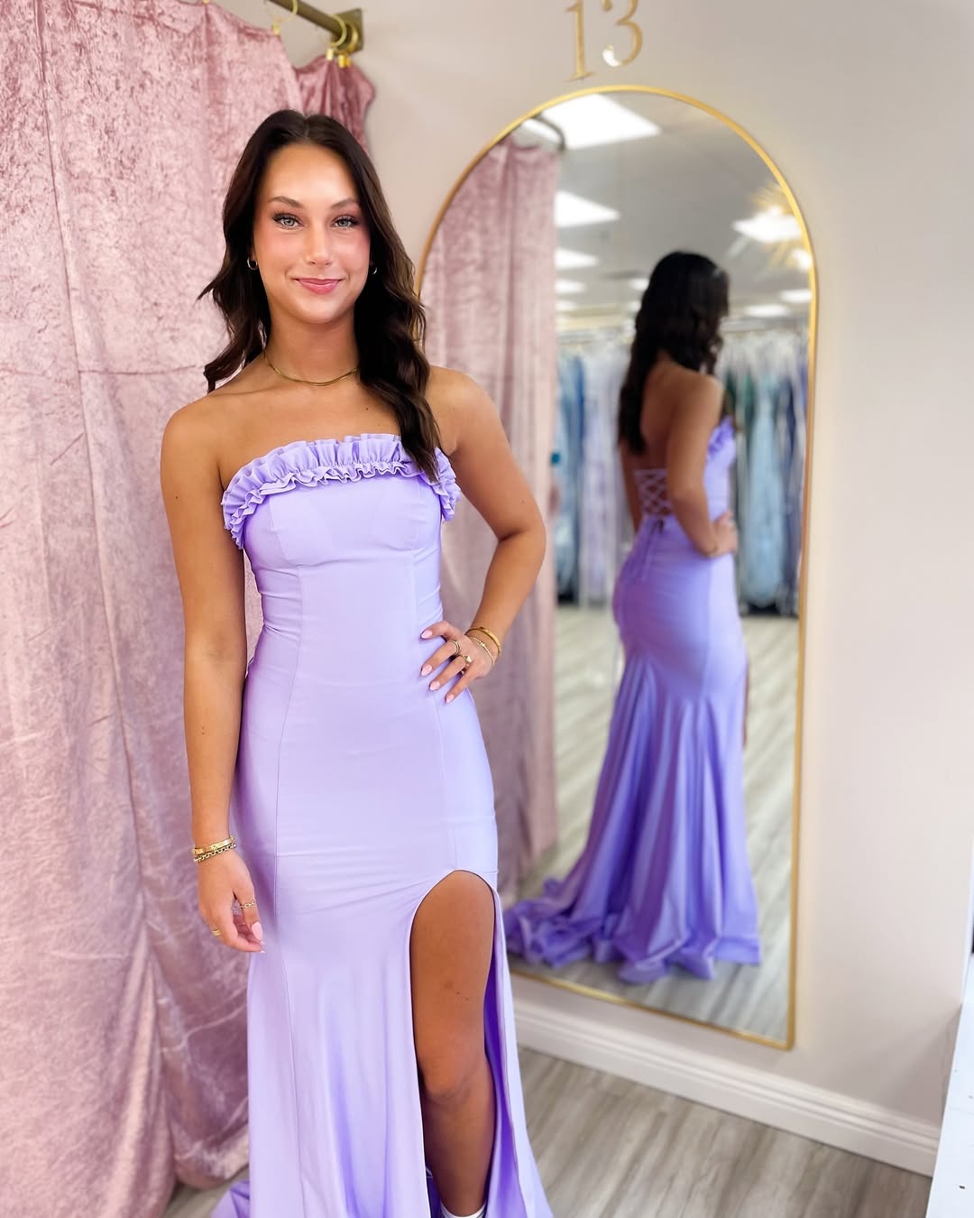 Mermaid Satin Ruffles Long Prom Dresses Strapless Evening Gowns with Side Slit