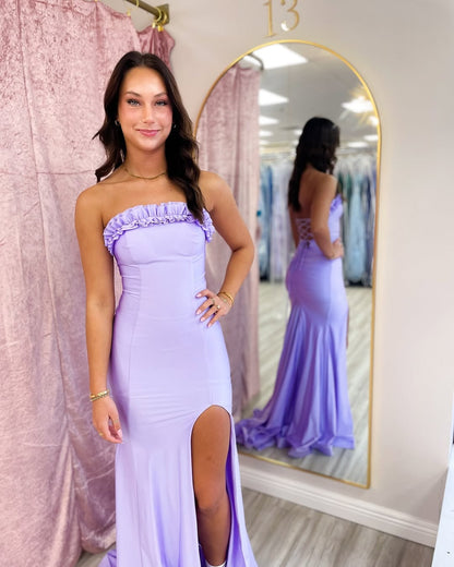 Mermaid Satin Ruffles Long Prom Dresses Strapless Evening Gowns with Side Slit