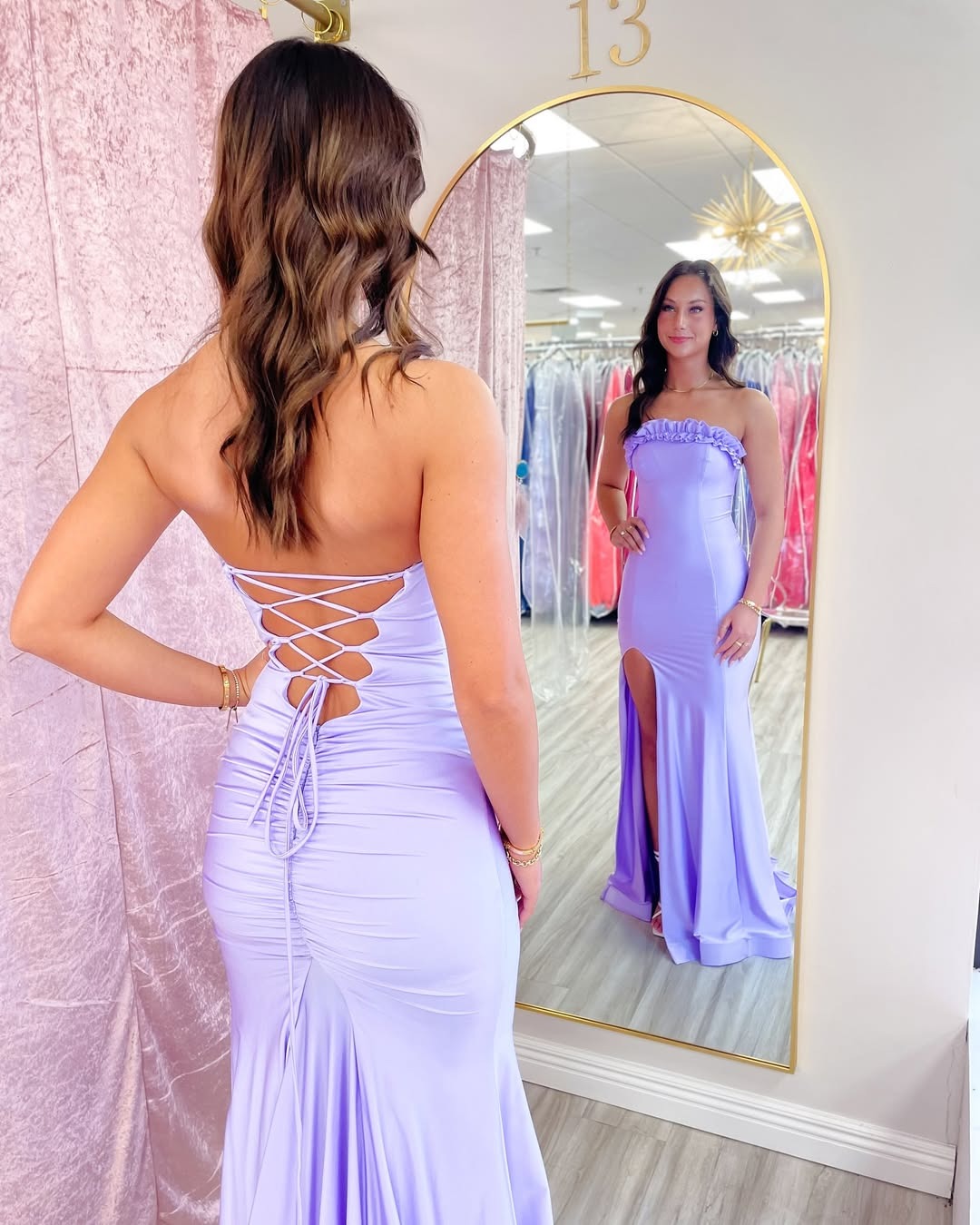 Mermaid Satin Ruffles Long Prom Dresses Strapless Evening Gowns with Side Slit