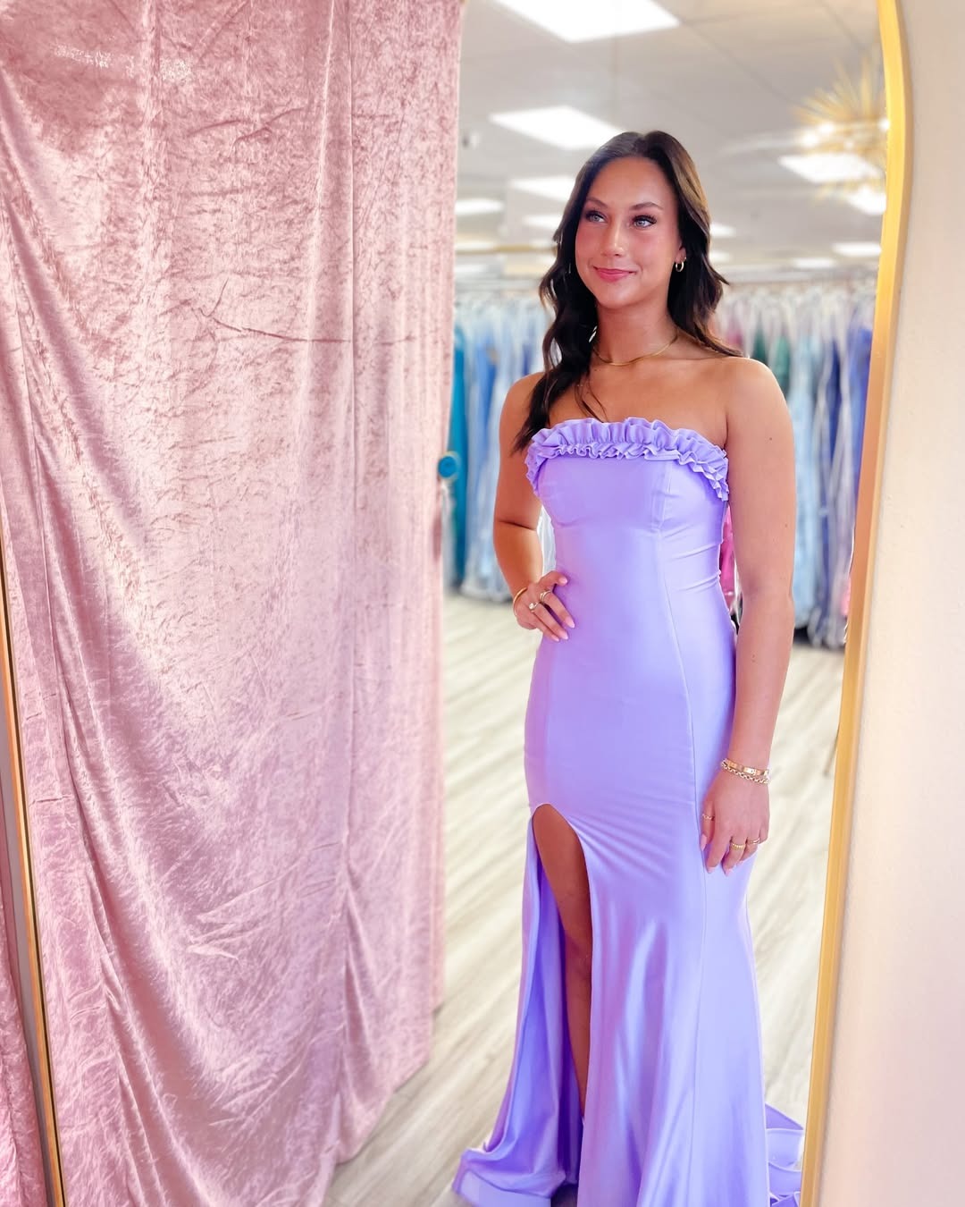 Mermaid Satin Ruffles Long Prom Dresses Strapless Evening Gowns with Side Slit