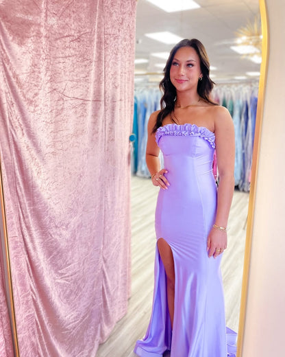 Mermaid Satin Ruffles Long Prom Dresses Strapless Evening Gowns with Side Slit