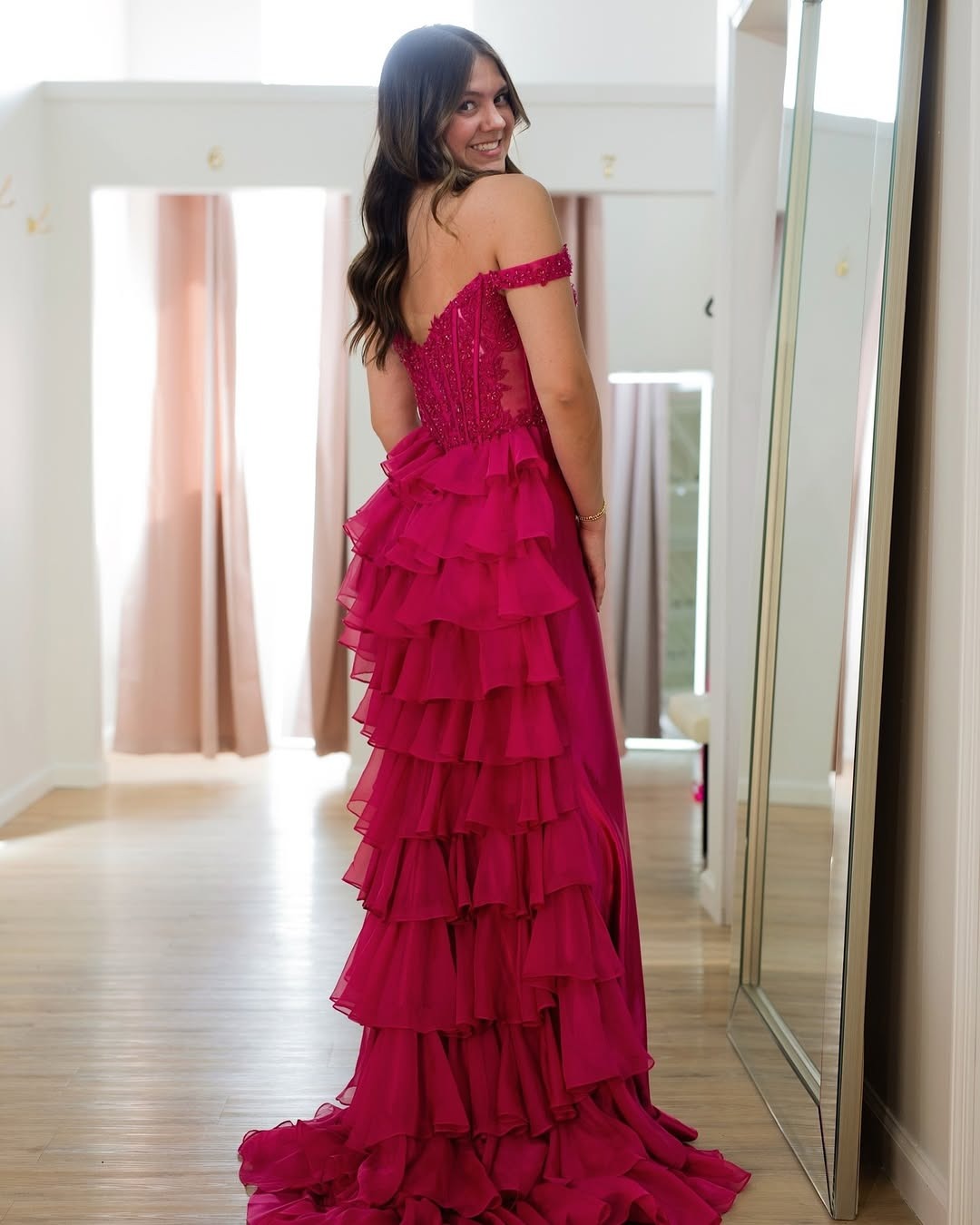 Fuchsia Satin Prom Dresses Long Mermaid Ruffles Lace Appliques Evening Gowns