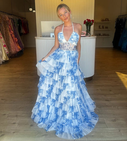 A Line Tulle Floral Print Prom Dresses V Neck Evening Gowns with Ruffles