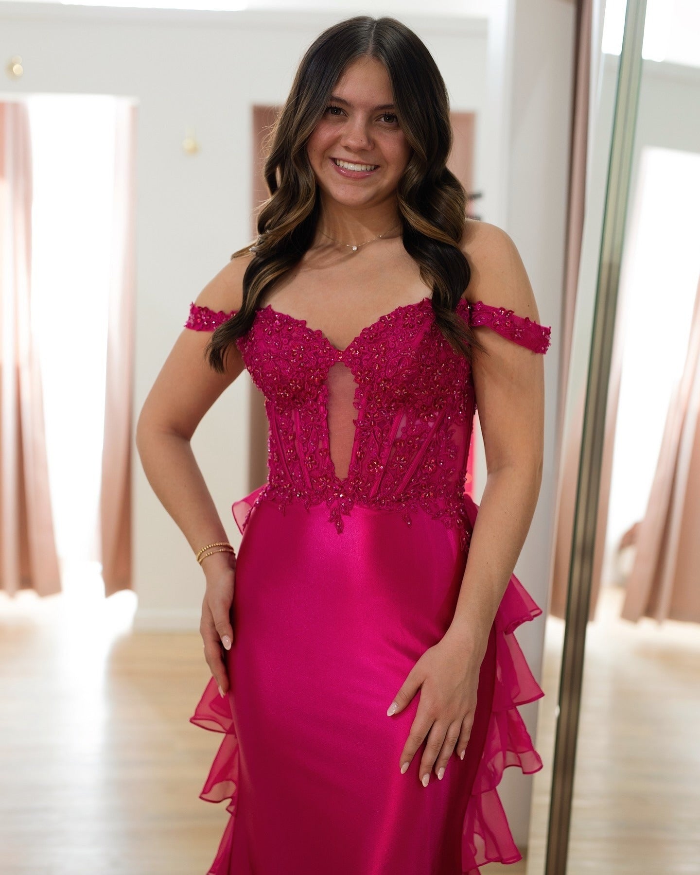 Fuchsia Satin Prom Dresses Long Mermaid Ruffles Lace Appliques Evening Gowns