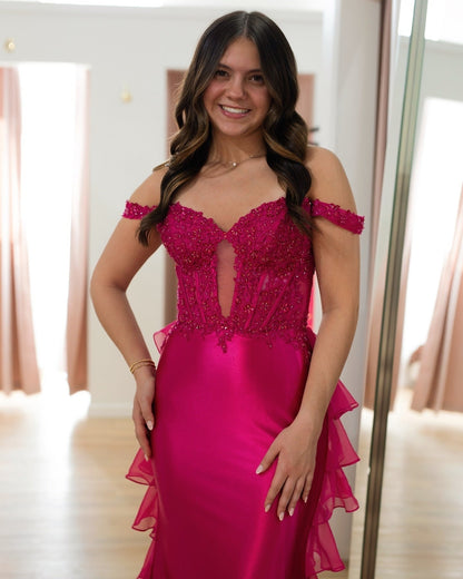 Fuchsia Satin Prom Dresses Long Mermaid Ruffles Lace Appliques Evening Gowns