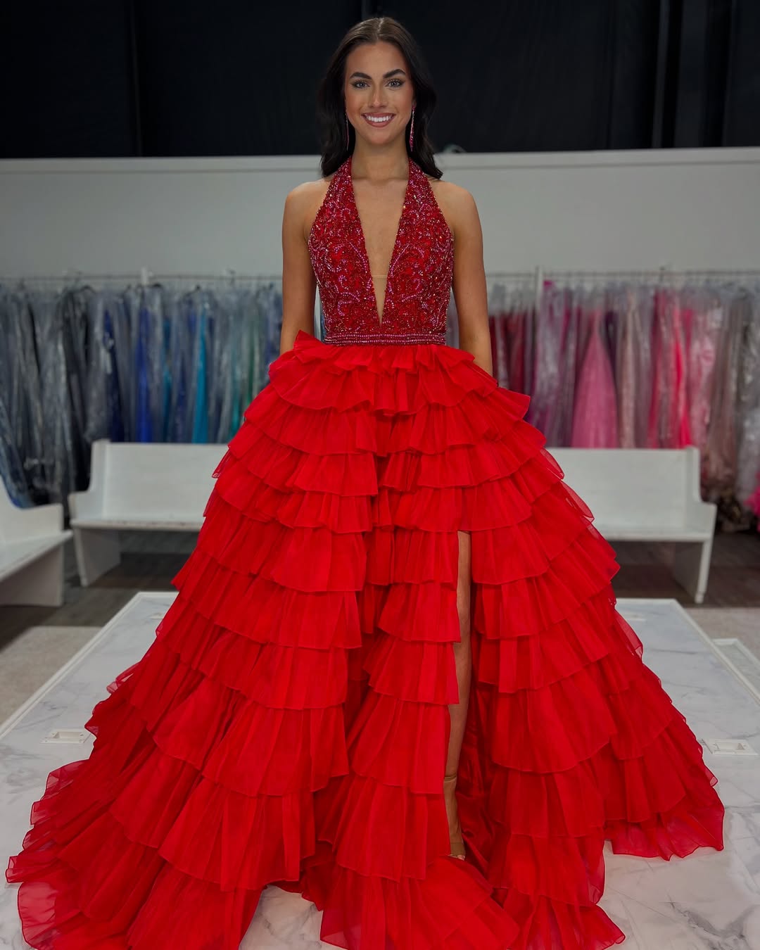 A Line Tulle Ruffles Prom Dresses Long V Neck Sequin Beaded Evening Gowns