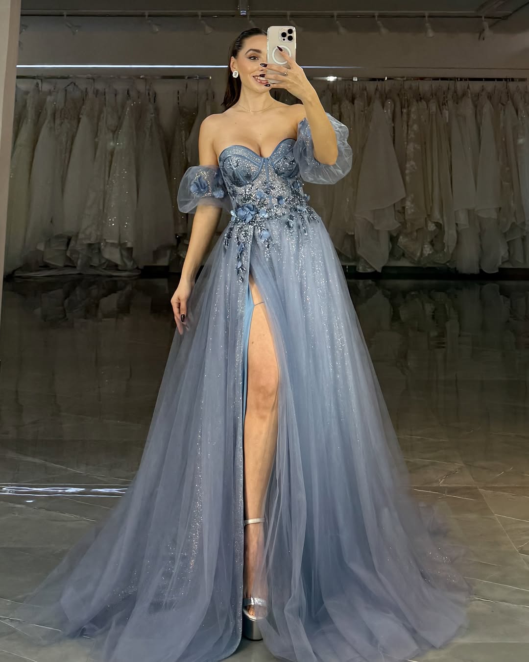 A Line Sweetheart Prom Dresses Long for Women Tulle Appliques Evening Gowns