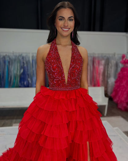 A Line Tulle Ruffles Prom Dresses Long V Neck Sequin Beaded Evening Gowns