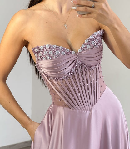 A Line Satin Beaded Prom Dresses Long Sweetheart Party Evening Gowns