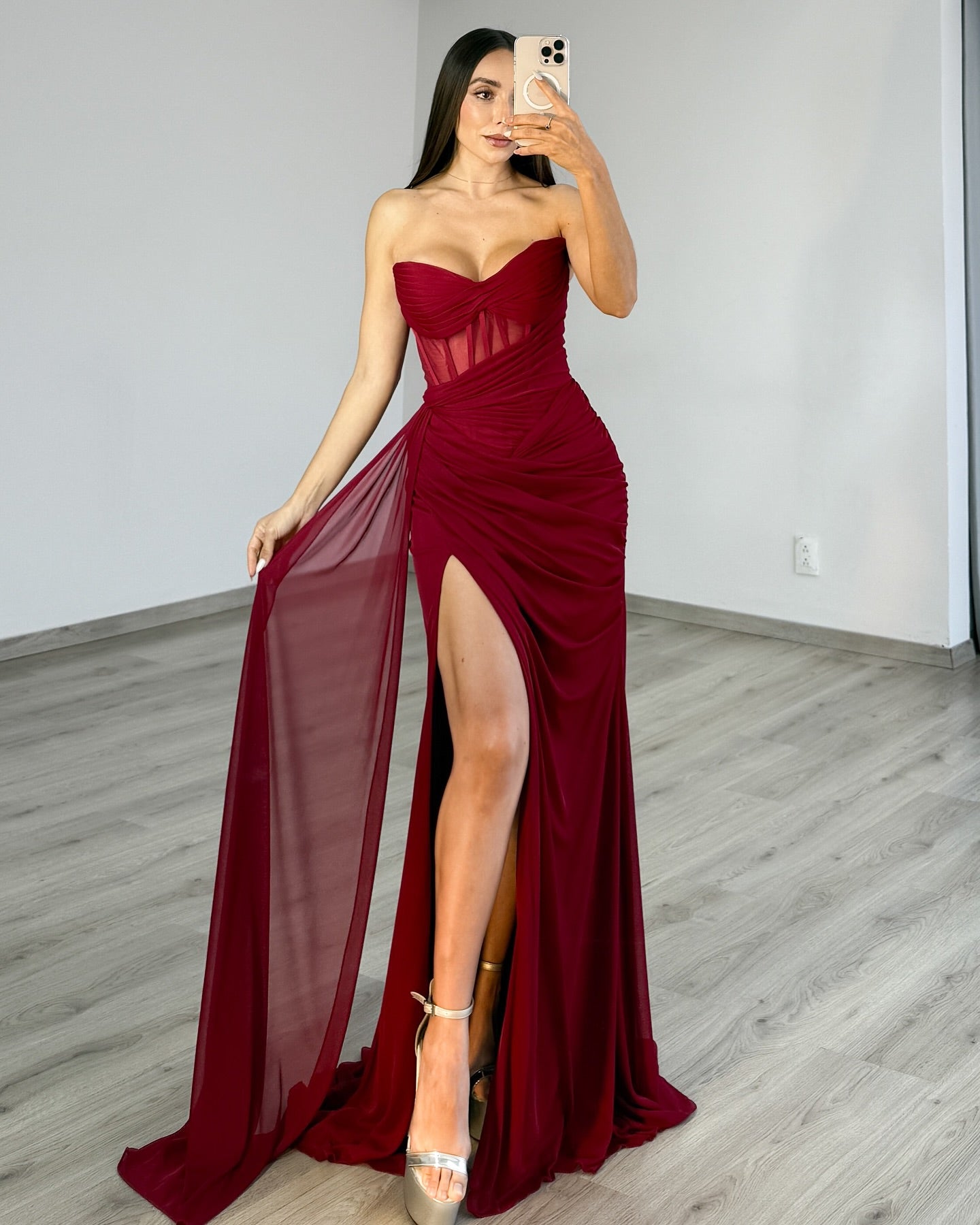 Burgundy Strapless Chiffon Long Prom Dresses Sweetheart Mermaid Evening Gowns
