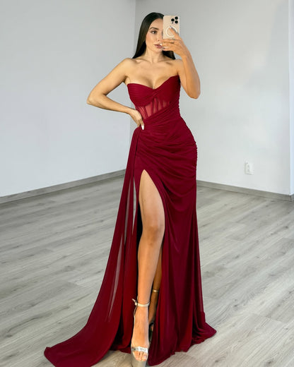 Burgundy Strapless Chiffon Long Prom Dresses Sweetheart Mermaid Evening Gowns