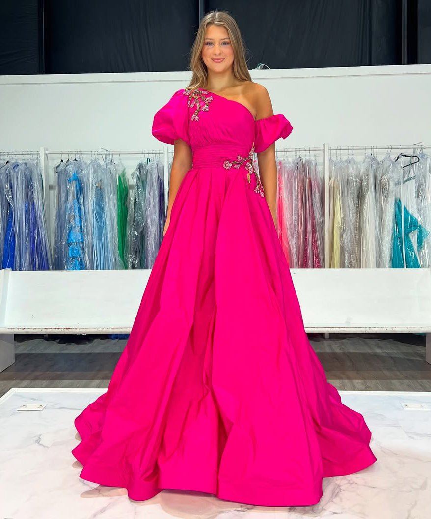 A Line Prom Dresses Long One Shoulder Satin Appliqued Evening Gowns