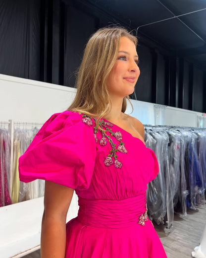 A Line Prom Dresses Long One Shoulder Satin Appliqued Evening Gowns