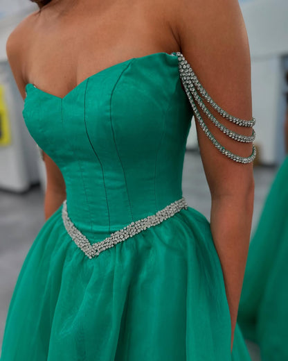 Green A Line Tulle Prom Dresses Long Off Shoulder Sequin Beaded Evening Gowns