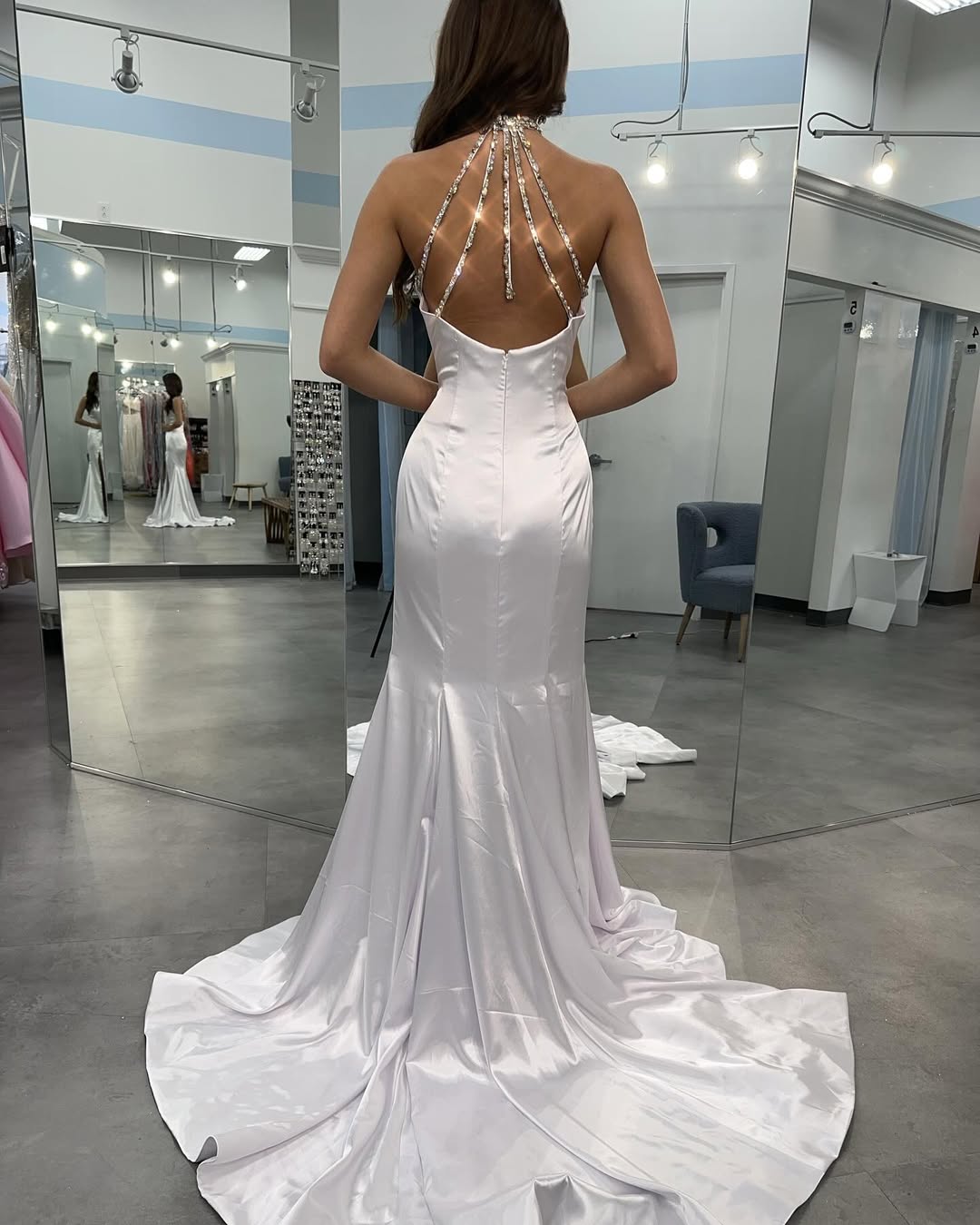 White Mermaid Halter Neck Satin Evening Dresses Long Sequin Beaded Prom Gowns