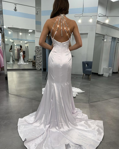 White Mermaid Halter Neck Satin Evening Dresses Long Sequin Beaded Prom Gowns