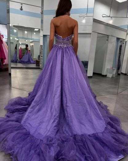 Regency A Line Tulle Beaded Prom Dresses Long Halter Neck Party Gowns