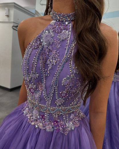 Regency A Line Tulle Beaded Prom Dresses Long Halter Neck Party Gowns