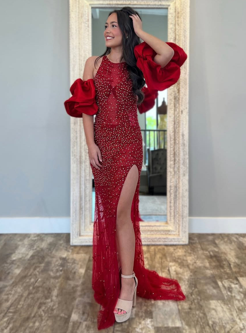 Sexy Side Split Halter Neck Tulle Sequined Prom Dresses Long for Women Evening Party