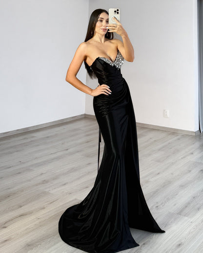 Black Sweetheart Mermaid Satin Beaded Prom Party Dresses Long with Slit