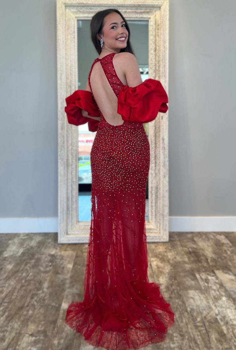 Sexy Side Split Halter Neck Tulle Sequined Prom Dresses Long for Women Evening Party