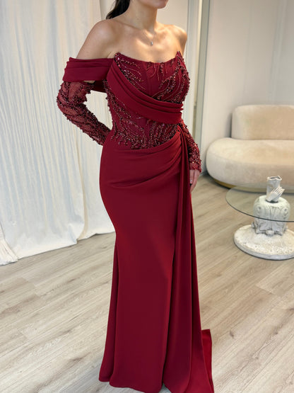 Burgundy Off Shoulder Pleated Sheath Evening Formal Dress
