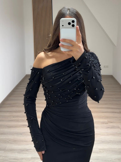 Black One Shoulder Long Sleeves Beaded Sheath Evening Formal Gown
