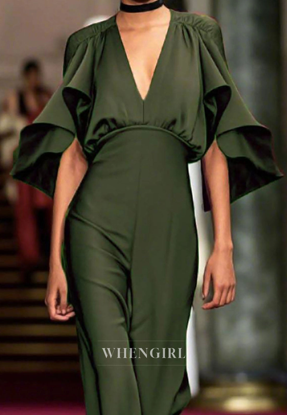 Evening Party Jumpsuit Bell Sleeves Deep V Neck Sheath Satin Jumpsuit