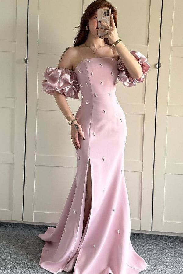 Sheath Strapless Lantern Sleeves Pearl Beaded Prom Dress High Side Slit and Train