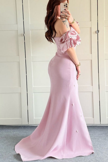 Sheath Strapless Lantern Sleeves Pearl Beaded Prom Dress High Side Slit and Train